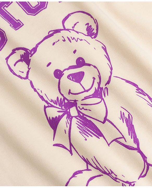 Pine Kids Cotton Looper Knit Half Sleeves Bear Printed Top & Track Pant Set - White & Purple