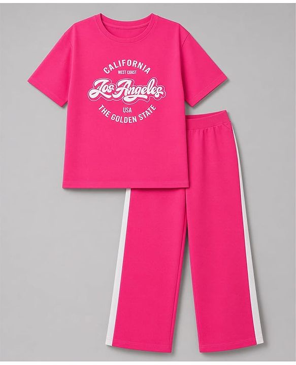 Pine Kids Cotton Looper Knit a Half Sleeves Text Printed Top & Pant Set - Dark Pink