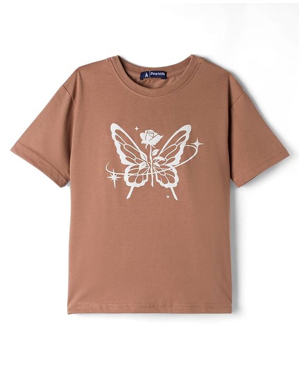 Pine Kids Cotton Looper Knit Half Sleeves Butterfly & Rose Printed Top & Track Pant Set - Tan