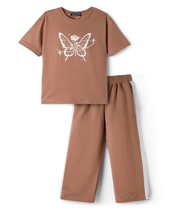 Pine Kids Cotton Looper Knit Half Sleeves Butterfly & Rose Printed Top & Track Pant Set - Tan