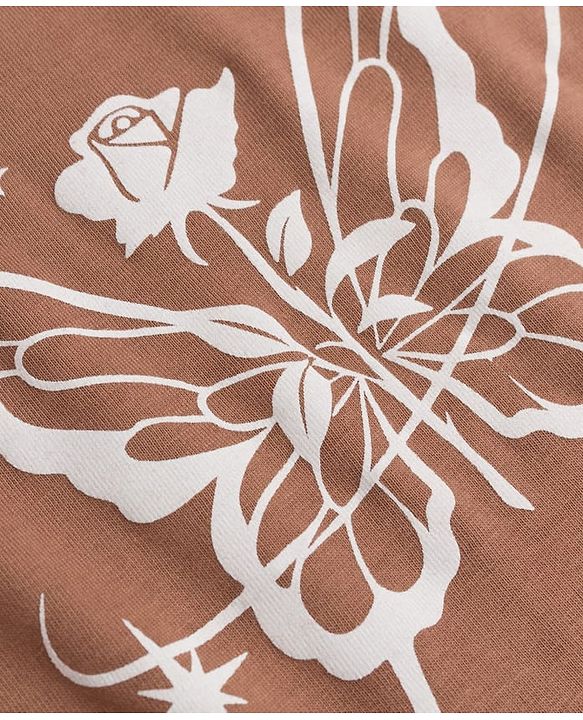 Pine Kids Cotton Looper Knit Half Sleeves Butterfly & Rose Printed Top & Track Pant Set - Tan