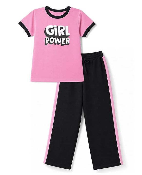 Pine Kids Cotton Looper Knit Half Sleeves Girls Power Printed Top & Pant Set - Pink