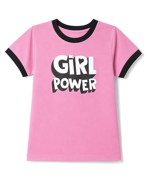 Pine Kids Cotton Looper Knit Half Sleeves Girls Power Printed Top & Pant Set - Pink