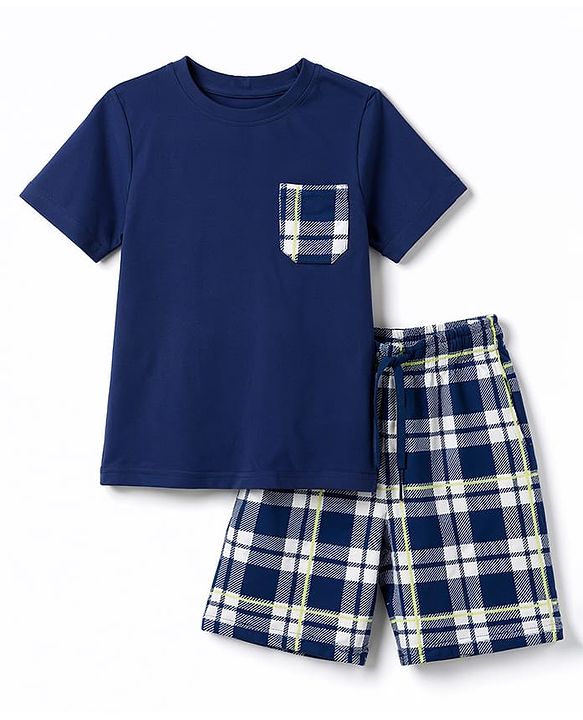 Pine Kids Cotton Knit Half Sleeves Checkered T-Shirt & Shorts Night Suit - Navy Blue