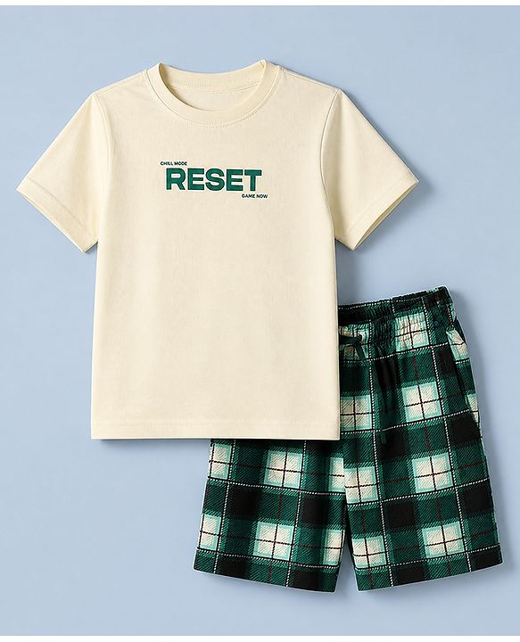 Pine Kids 100% Cotton Bio Washed Single Jersery 180 GSM Knit Half Sleeves T-Shirt & Short Night Suit with Checks & Chill Mode Reset Game Now Text - Off White