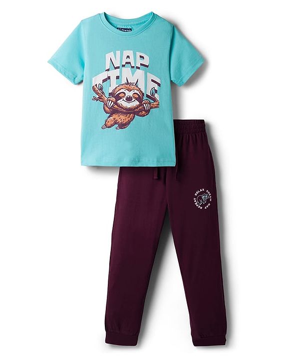 Pine Kids Cotton Knit Half Sleeves Text & Sloth Printed T-Shirt & Pyjama Night Suit - Light Blue