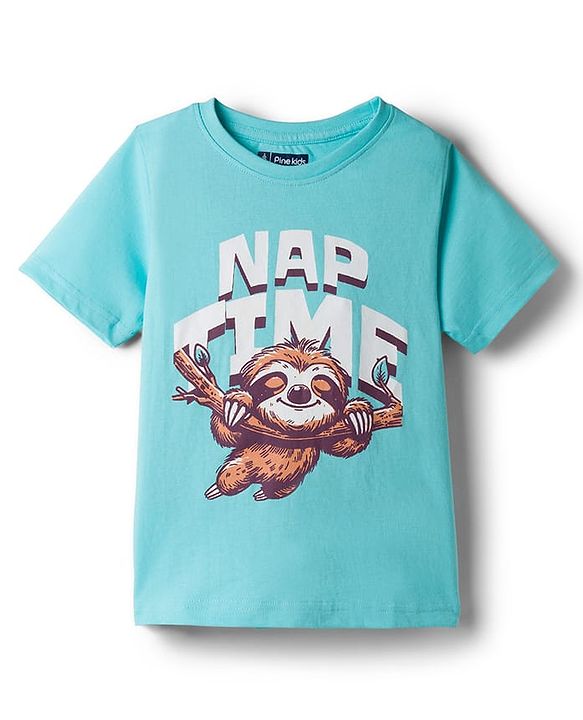 Pine Kids Cotton Knit Half Sleeves Text & Sloth Printed T-Shirt & Pyjama Night Suit - Light Blue