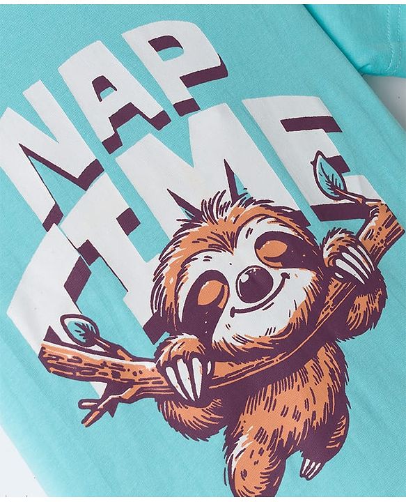 Pine Kids Cotton Knit Half Sleeves Text & Sloth Printed T-Shirt & Pyjama Night Suit - Light Blue