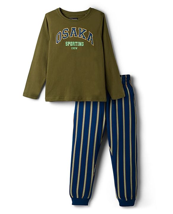 Pine Kids Cotton Knit Full Sleeves Text Printed Tee &  Pyjama Night Suit - Olive Green