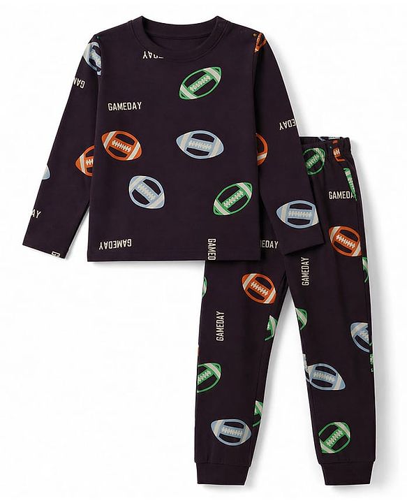 Pine Kids Cotton Knit Full Sleeves T-Shirt & Pyjama Co-ords Night Suit With Ball Print - Wine