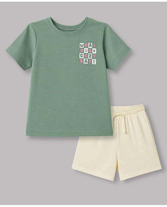 Pine Kids Cotton Knit Half Sleeves T-Shirt & Shorts Night Suit With Text Print - Green