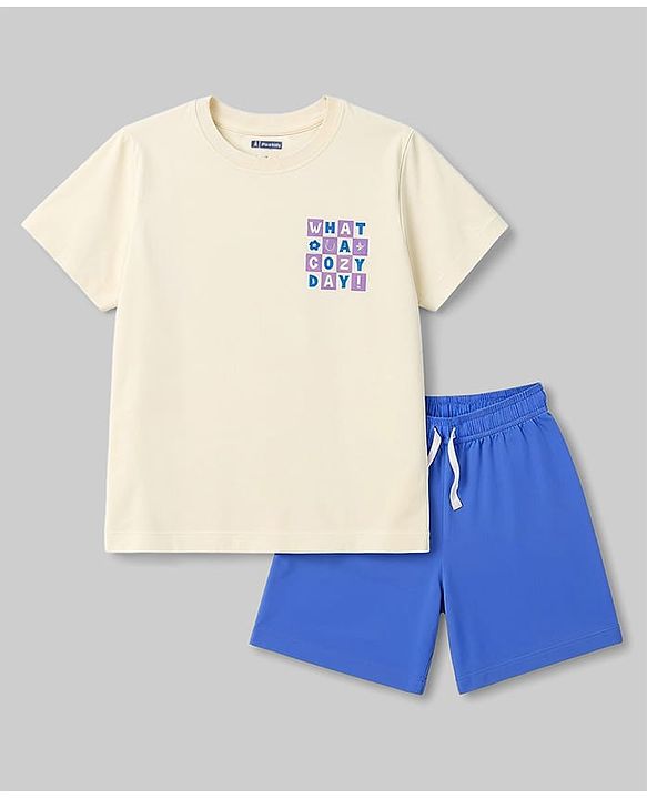 Pine Kids Cotton Knit Half Sleeves T-Shirt & Shorts Nightsuit with Text Print - Green & Cream