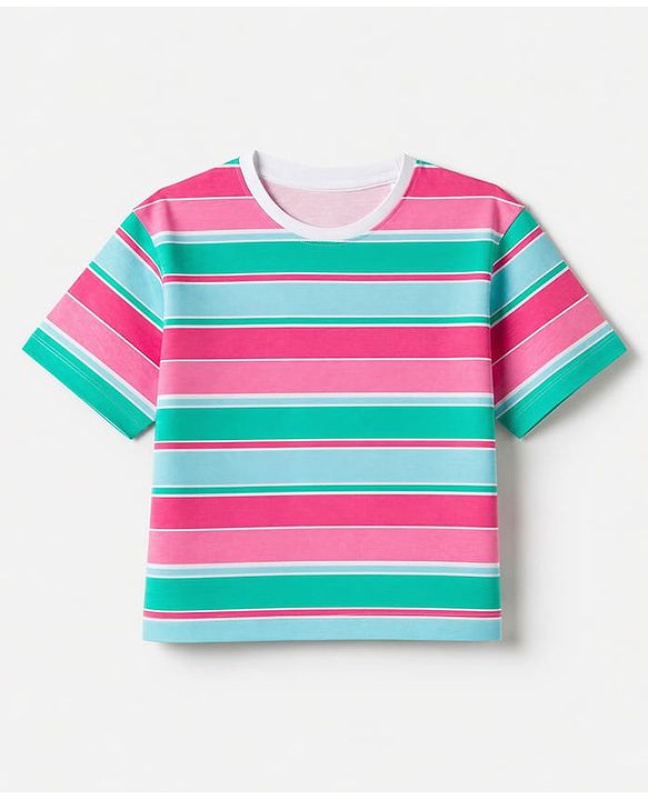 Pine Kids Cotton Knit Half Sleeves Striped T-Shirt - Dark Pink