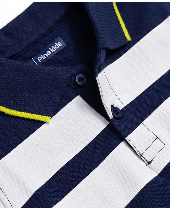 Pine Kids 100% Cotton Knit Half Sleeves Striped Polo T-Shirt - Navy Blue