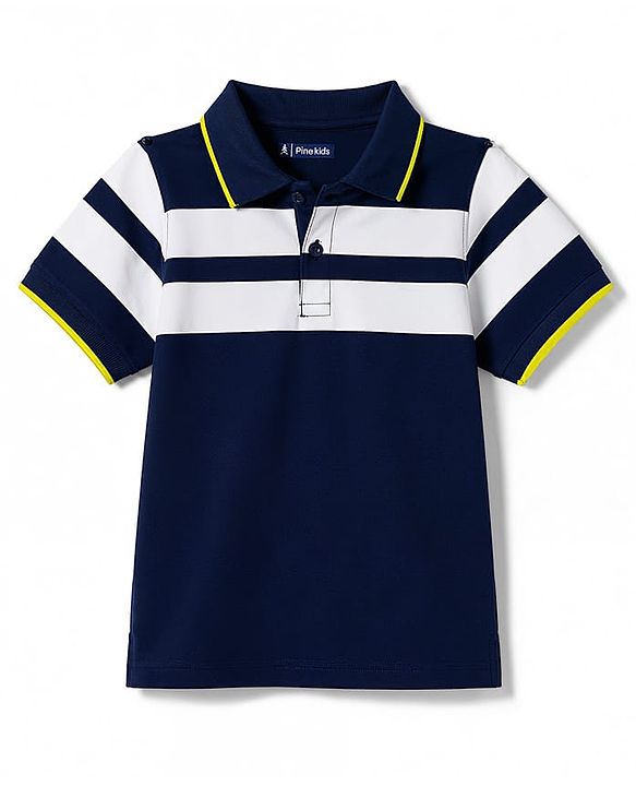 Pine Kids 100% Cotton Knit Half Sleeves Striped Polo T-Shirt - Navy Blue