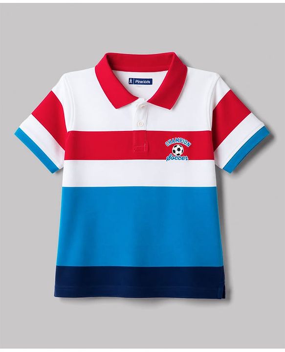 Pine Kids 100% Cotton Knit Half Sleeves Striped & Sports Theme Printed Polo T-Shirt - Blue & Red