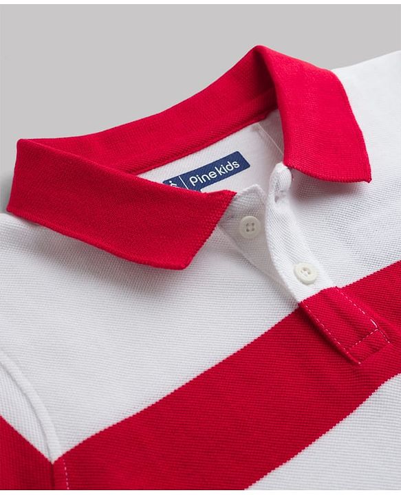 Pine Kids 100% Cotton Knit Half Sleeves Striped & Sports Theme Printed Polo T-Shirt - Blue & Red