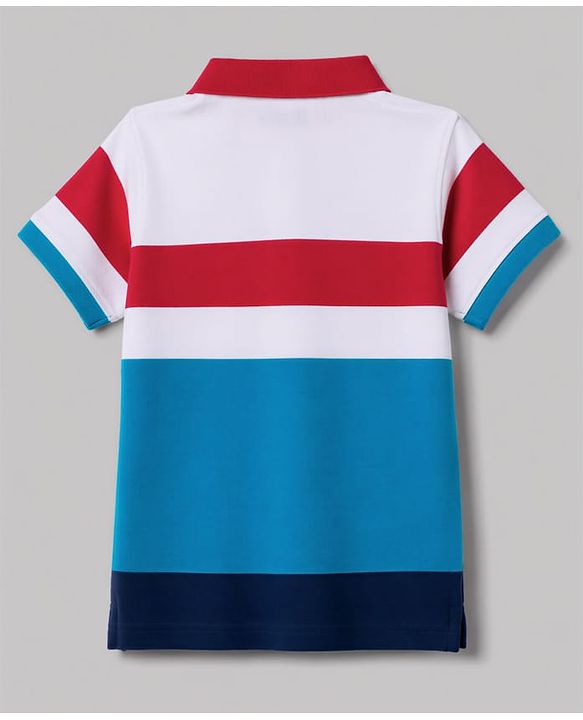 Pine Kids 100% Cotton Knit Half Sleeves Striped & Sports Theme Printed Polo T-Shirt - Blue & Red