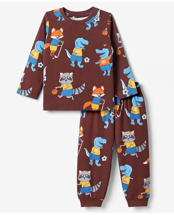Babyhug Cotton Knit Full Sleeves T-Shirt & Pyjama Co-ords Night Suit With Animal Print - Brown