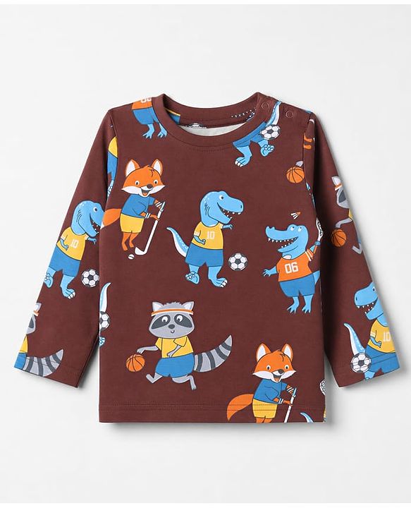 Babyhug Cotton Knit Full Sleeves T-Shirt & Pyjama Co-ords Night Suit With Animal Print - Brown