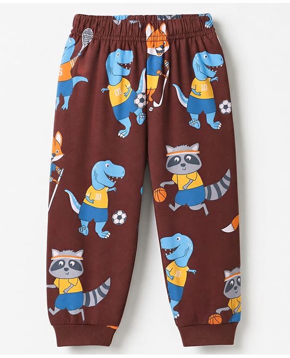 Babyhug Cotton Knit Full Sleeves T-Shirt & Pyjama Co-ords Night Suit With Animal Print - Brown