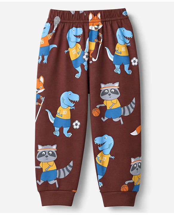 Babyhug Cotton Knit Full Sleeves T-Shirt & Pyjama Co-ords Night Suit With Animal Print - Brown