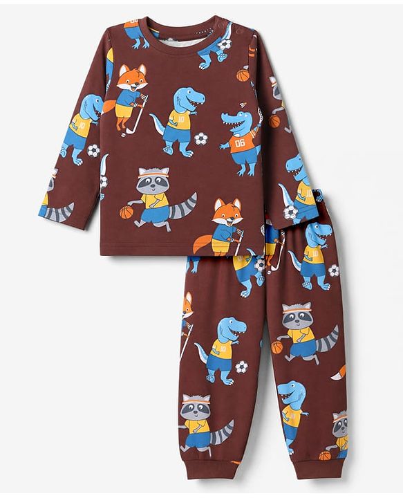 Babyhug Cotton Knit Full Sleeves T-Shirt & Pyjama Co-ords Night Suit With Animal Print - Brown