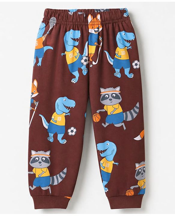 Babyhug Cotton Knit Full Sleeves T-Shirt & Pyjama Co-ords Night Suit With Animal Print - Brown