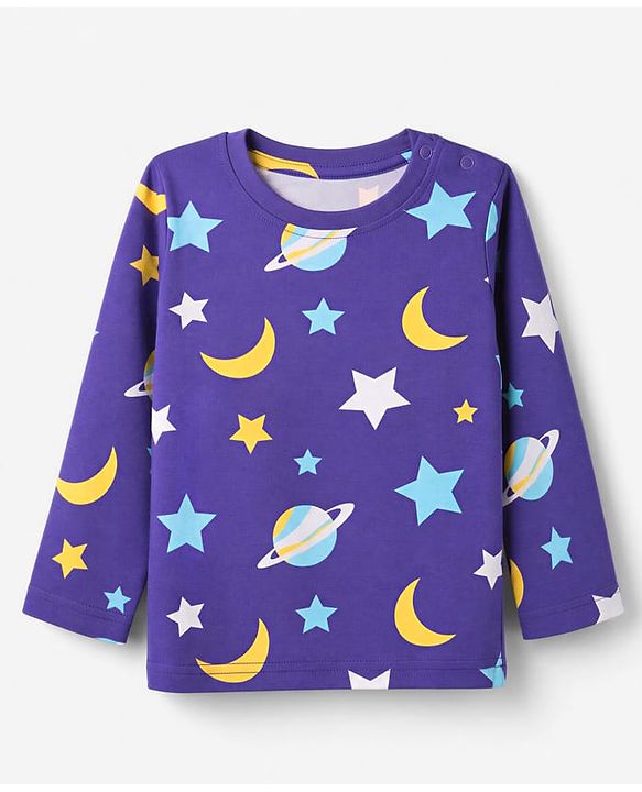 Babyhug Cotton Knit Full Sleeves T-Shirt & Pyjama Co-ords Night Suit With Space Print - Navy Blue