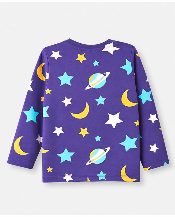 Babyhug Cotton Knit Full Sleeves T-Shirt & Pyjama Co-ords Night Suit With Space Print - Navy Blue