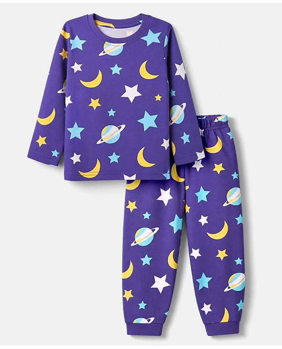Babyhug Cotton Knit Full Sleeves T-Shirt & Pyjama Co-ords Night Suit With Space Print - Navy Blue