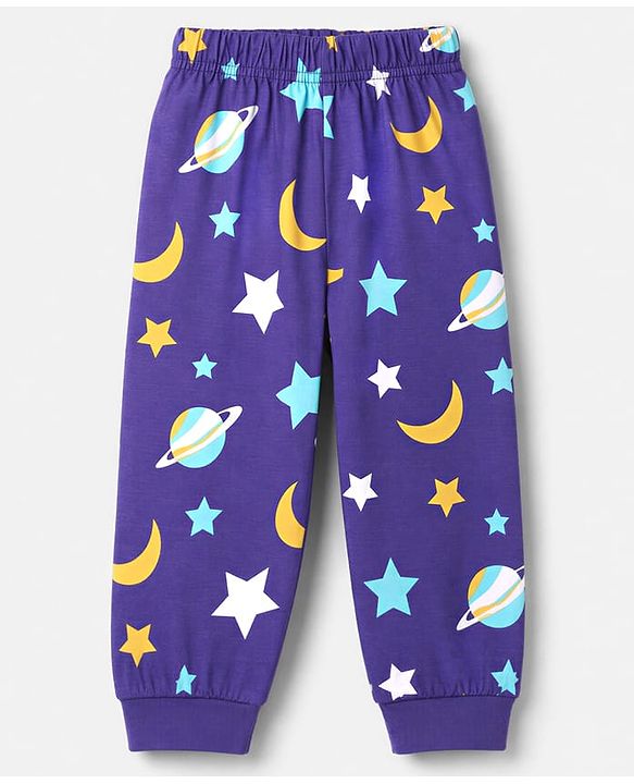 Babyhug Cotton Knit Full Sleeves T-Shirt & Pyjama Co-ords Night Suit With Space Print - Navy Blue