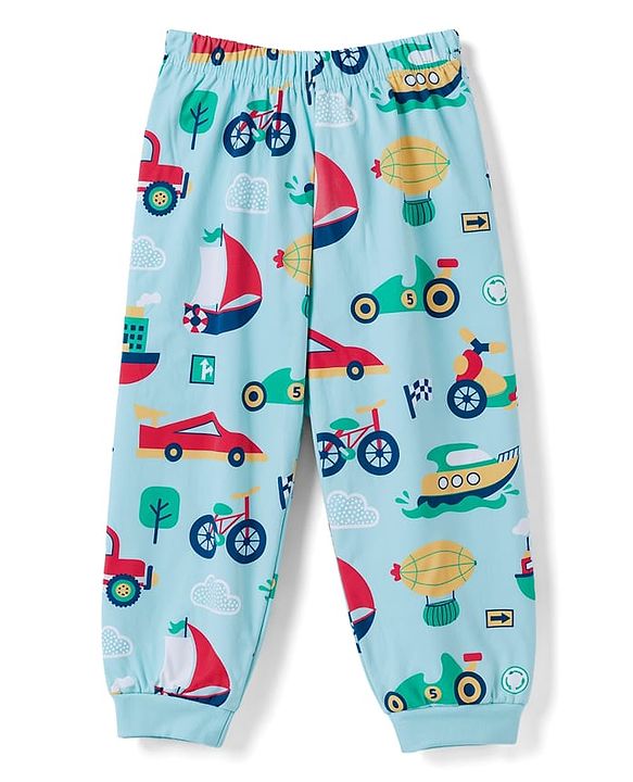 Babyhug 100% Cotton Knit Half Sleeves Co Ord T-Shirt & Pyjama Night Suit Vehicle Print - Blue