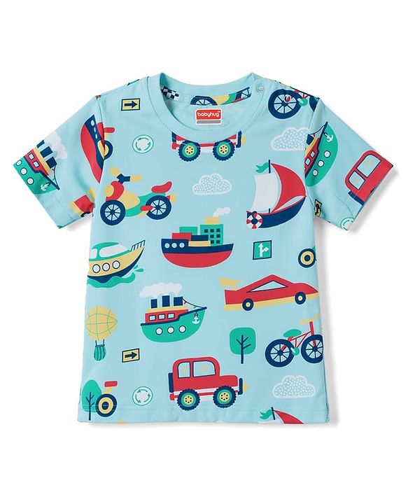 Babyhug 100% Cotton Knit Half Sleeves Co Ord T-Shirt & Pyjama Night Suit Vehicle Print - Blue