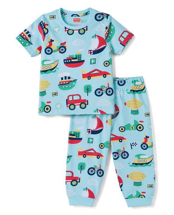 Babyhug 100% Cotton Knit Half Sleeves Co Ord T-Shirt & Pyjama Night Suit Vehicle Print - Blue