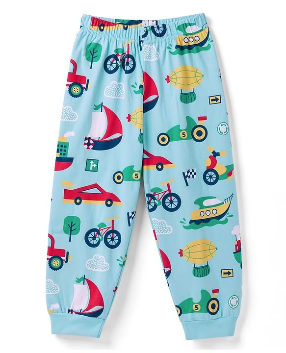 Babyhug 100% Cotton Knit Half Sleeves Co Ord T-Shirt & Pyjama Night Suit Vehicle Print - Blue