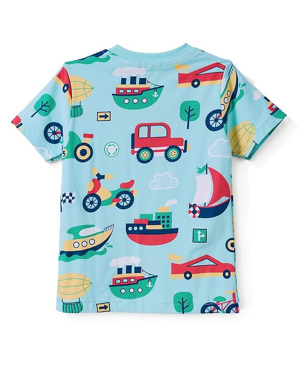 Babyhug 100% Cotton Knit Half Sleeves Co Ord T-Shirt & Pyjama Night Suit Vehicle Print - Blue