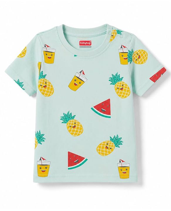 Babyhug 100% Cotton Knit Half Sleeves Tropical Theme Printed Co-Ords T-Shirt & Pyjama Night Suit - Light Blue