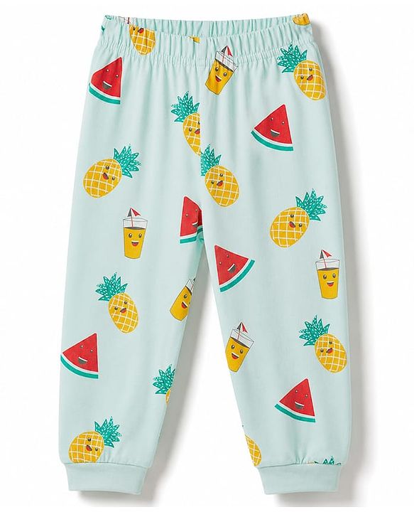 Babyhug 100% Cotton Knit Half Sleeves Tropical Theme Printed Co-Ords T-Shirt & Pyjama Night Suit - Light Blue
