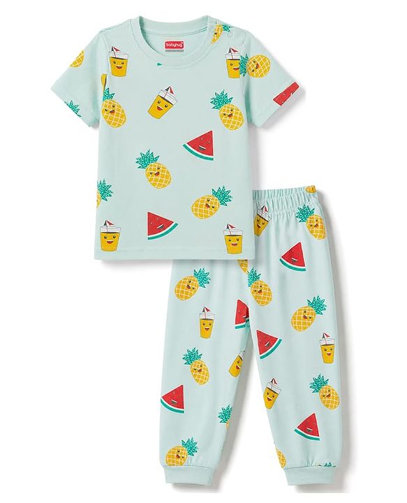 Babyhug 100% Cotton Knit Half Sleeves Tropical Theme Printed Co-Ords T-Shirt & Pyjama Night Suit - Light Blue