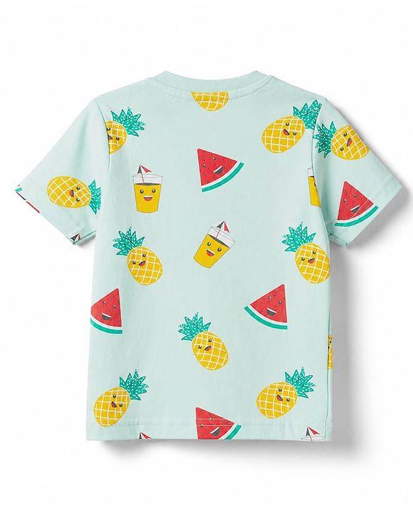 Babyhug 100% Cotton Knit Half Sleeves Tropical Theme Printed Co-Ords T-Shirt & Pyjama Night Suit - Light Blue