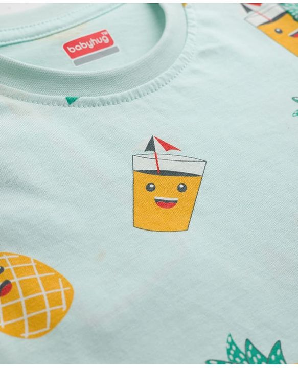 Babyhug 100% Cotton Knit Half Sleeves Tropical Theme Printed Co-Ords T-Shirt & Pyjama Night Suit - Light Blue