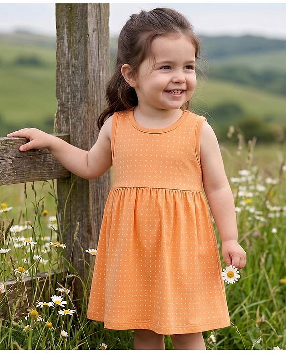 Babyhug 100% Cotton Single Jersey Knit Sleeveless Frock With Polka Dot Print - Orange