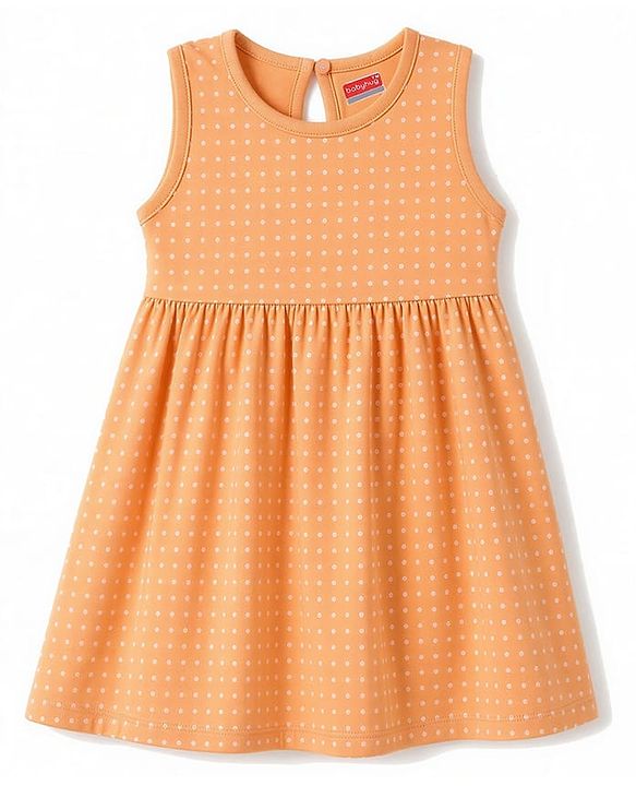 Babyhug 100% Cotton Single Jersey Knit Sleeveless Frock With Polka Dot Print - Orange