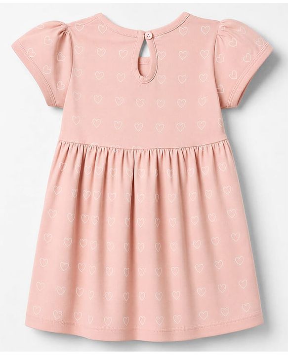 Babyhug 100% Cotton Single Jersey Knit Half Sleeves One Piece Dress With Hearts Print & Bow Applique - Peach