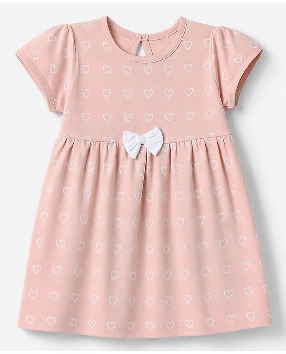 Babyhug 100% Cotton Single Jersey Knit Half Sleeves One Piece Dress With Hearts Print & Bow Applique - Peach
