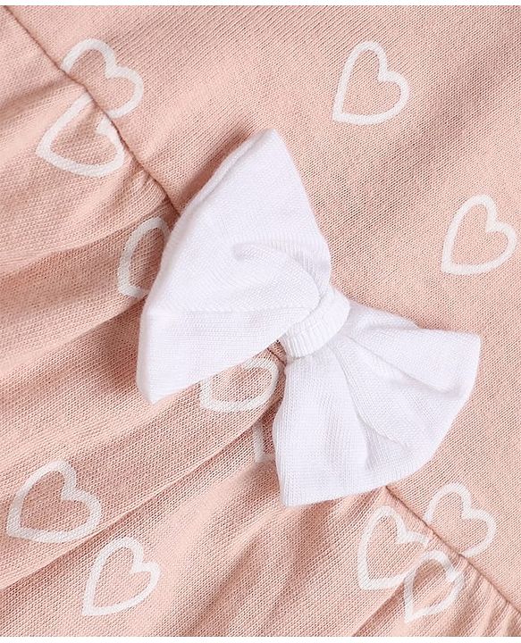 Babyhug 100% Cotton Single Jersey Knit Half Sleeves One Piece Dress With Hearts Print & Bow Applique - Peach