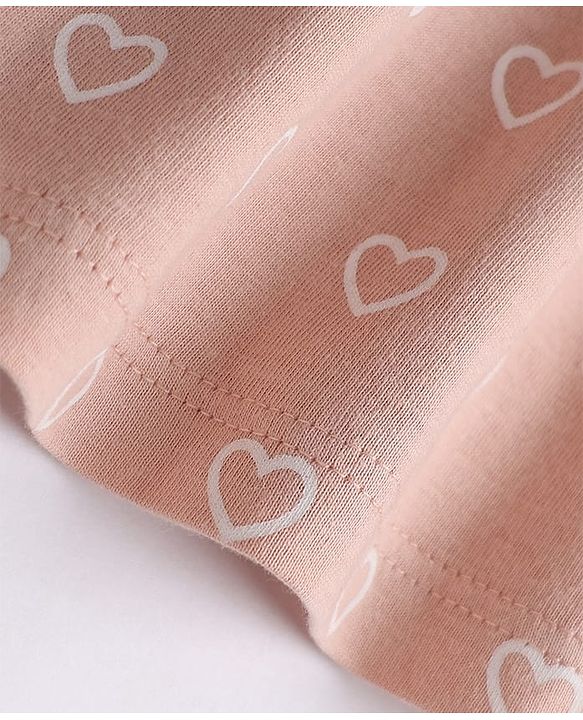 Babyhug 100% Cotton Single Jersey Knit Half Sleeves One Piece Dress With Hearts Print & Bow Applique - Peach