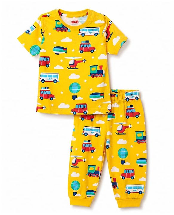 Babyhug 100% Cotton Knit Half Sleeves Co Ord T-Shirt & Pyjama Night Suit Vehicle Print - Yellow