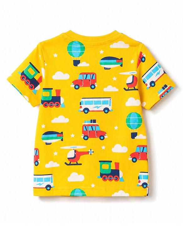Babyhug 100% Cotton Knit Half Sleeves Co Ord T-Shirt & Pyjama Night Suit Vehicle Print - Yellow